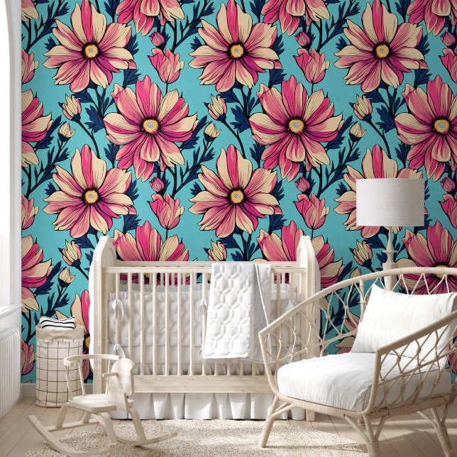 Pink and Blue Large Flowers Pattern Wallpaper (Kids)