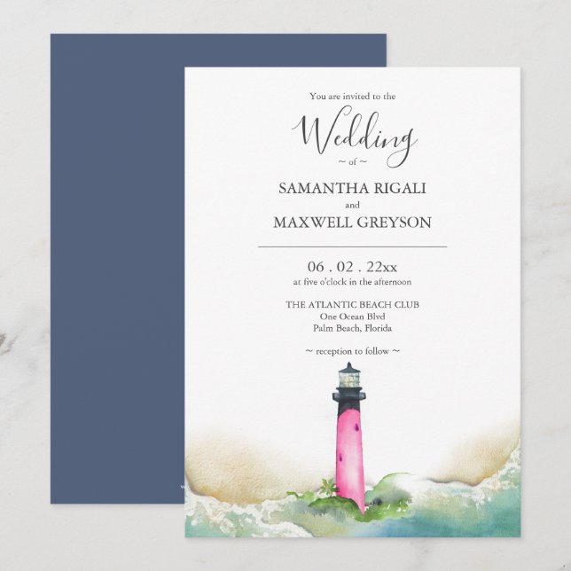 Pink and Blue Lighthouse Beach Destination Wedding Invitation (Front/Back)