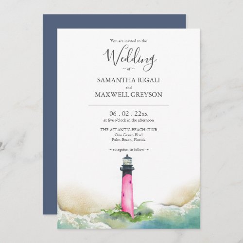 Pink and Blue Lighthouse Beach Destination Wedding Invitation