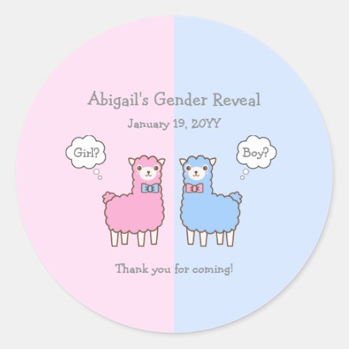 Pink and Blue Llama Gender Reveal Baby Shower Classic Round Sticker