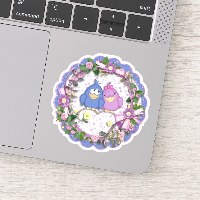 Pink and Blue Love Birds Die Cut Sticker Decal (Detail)