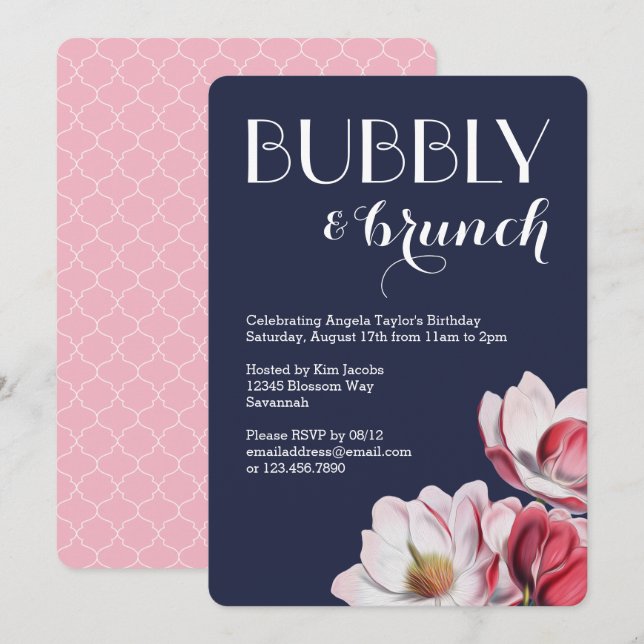 Pink and Blue Magnolia Brunch Invitation (Front/Back)