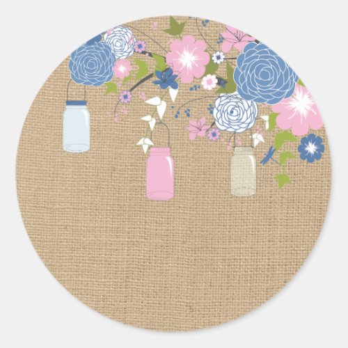 Pink and Blue Mason Jar Faux Burlap Sticker