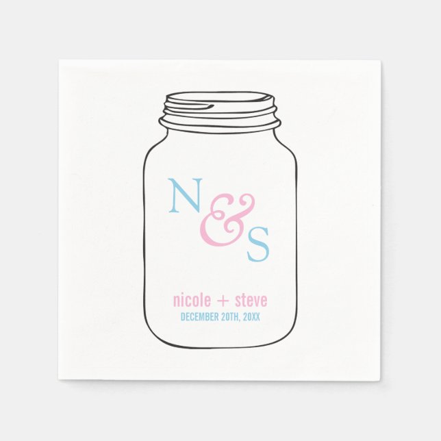 Pink and Blue Mason Jar Monogram Wedding Napkins (Front)