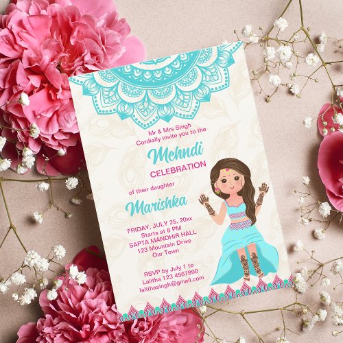 Pink and blue mehndi mandala cute Indian girl Invitation