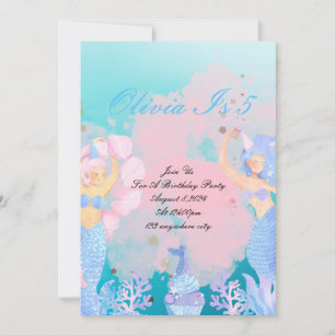Pink and Blue Mermaid Birthday invitation 