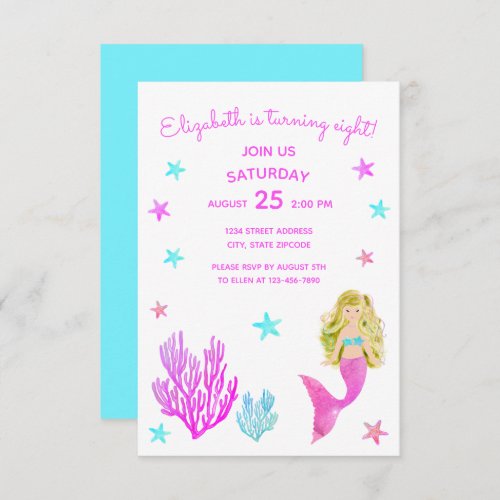 Pink And Blue Mermaid Birthday Invitation