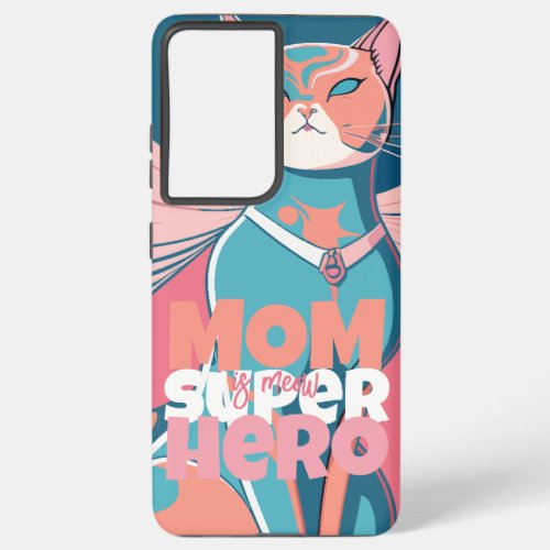 Pink and Blue Mid Century Cat Superhero Mom Samsung Galaxy S21 Ultra Case