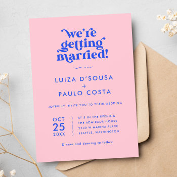 Pink And Blue Modern Retro Wedding  Invitation by ClementineCreative at Zazzle