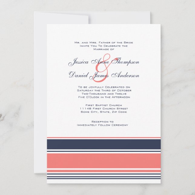 Pink and Blue Modern Stripes Wedding Invitation (Front)