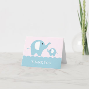Pink and Blue Mom and Baby Elephants Thank You Card