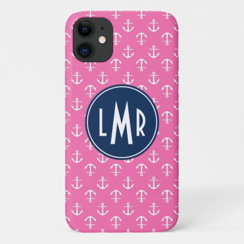 Pink and Blue Monogram Anchors Pattern iPhone 11 Case