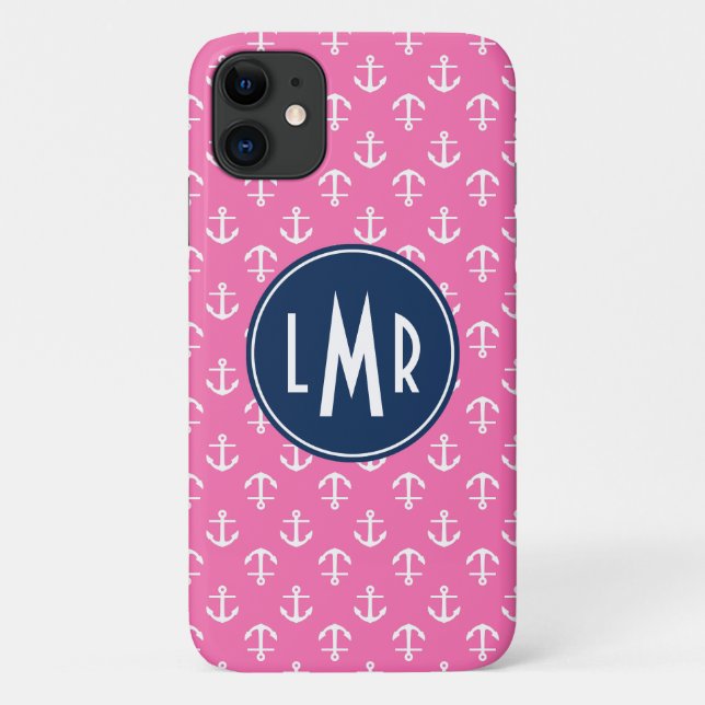 Pink and Blue Monogram Anchors Pattern Case-Mate iPhone Case (Back)