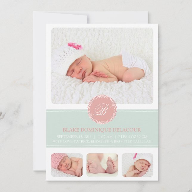 Pink and Blue Monogram Baby Photo Collage Birth Announcement (Front)