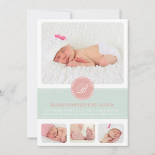 Pink and Blue Monogram Baby Photo Collage Birth Announcement