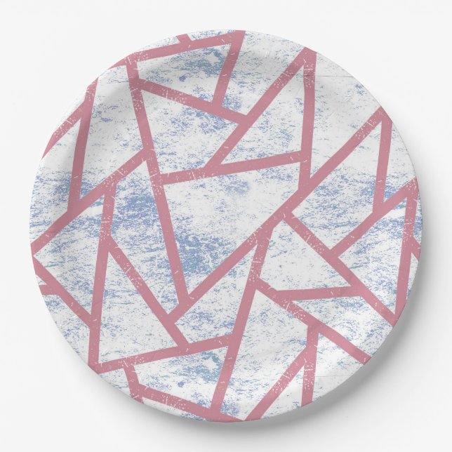 Pink and blue mosaic pattern paper plates (Front)