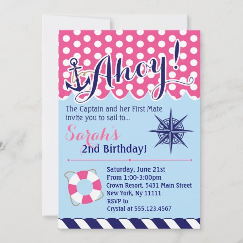 Pink and Blue Nautical Birthday Invitation