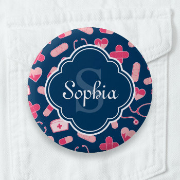 Pink And Blue Nurse Pattern With Monogram Button by DoodlesGiftShop at Zazzle