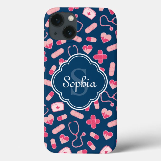 Pink and Blue Nurse Pattern with Monogram Case-Mate iPhone Case (Back)