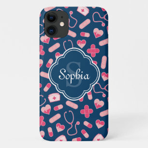 Pink and Blue Nurse Pattern with Monogram iPhone 11 Case