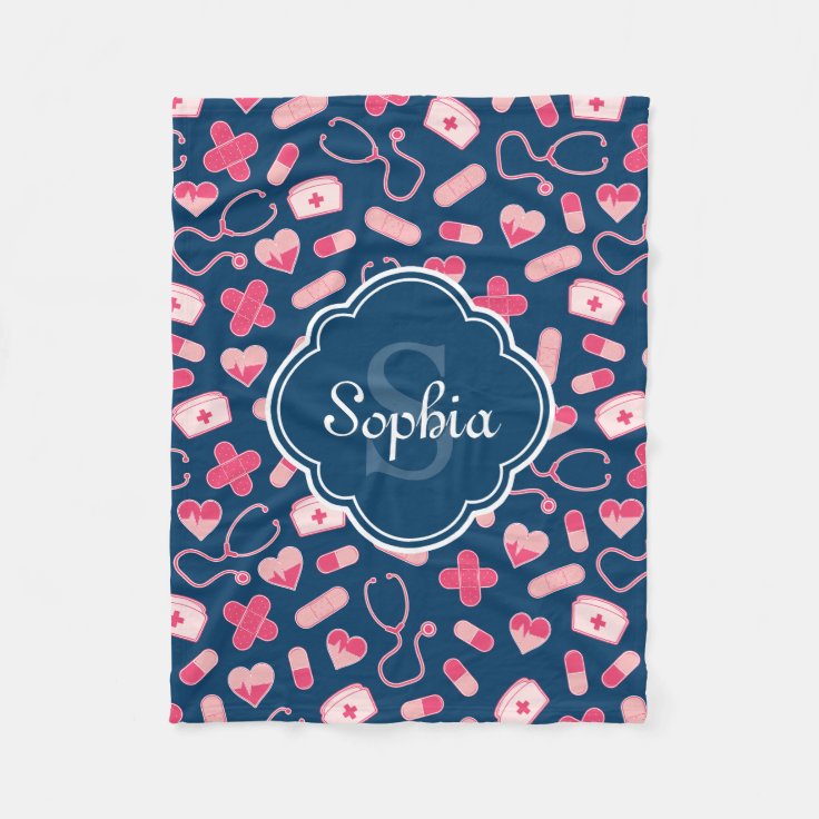 Pink and Blue Nurse Pattern with Monogram Fleece Blanket Zazzle