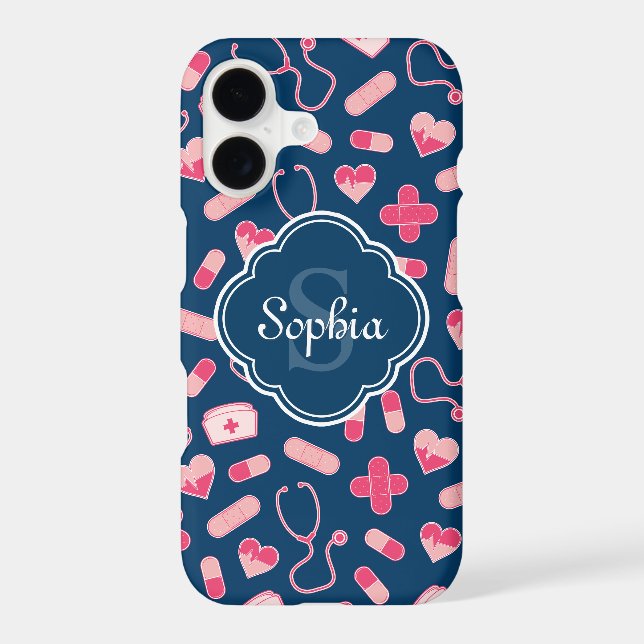 Pink and Blue Nurse Pattern with Monogram Iphone Case (Back)