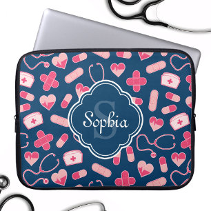 Pink and Blue Nurse Pattern with Monogram Laptop Sleeve