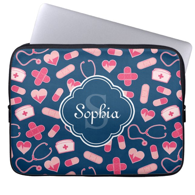 Pink and Blue Nurse Pattern with Monogram Laptop Sleeve (Front)