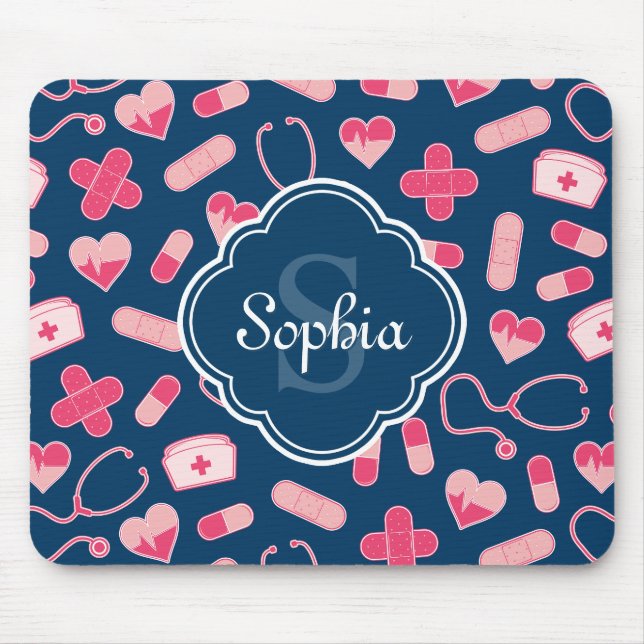 Pink and Blue Nurse Pattern with Monogram Mouse Pad (Front)