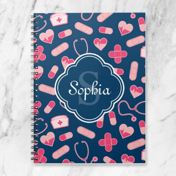 Pink And Blue Nurse Pattern With Monogram Notebook by DoodlesGiftShop at Zazzle