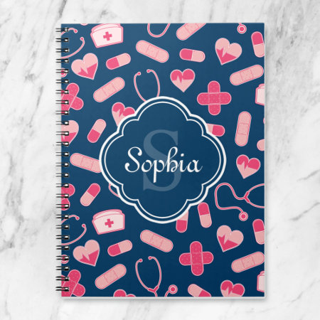 Pink And Blue Nurse Pattern With Monogram Notebook