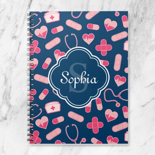 Pink and Blue Nurse Pattern with Monogram Notebook