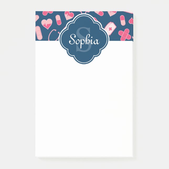 Pink and Blue Nurse Pattern with Monogram Post-it Notes (Front)