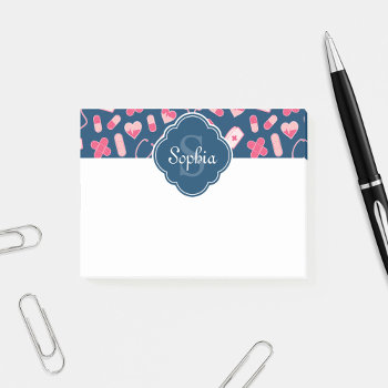 Pink And Blue Nurse Pattern With Monogram Post-it Notes by DoodlesGiftShop at Zazzle