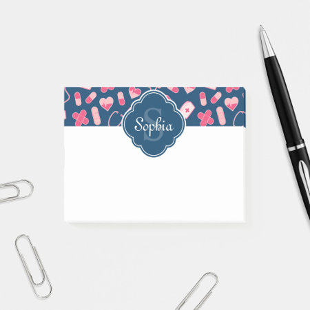 Pink And Blue Nurse Pattern With Monogram Post-it Notes