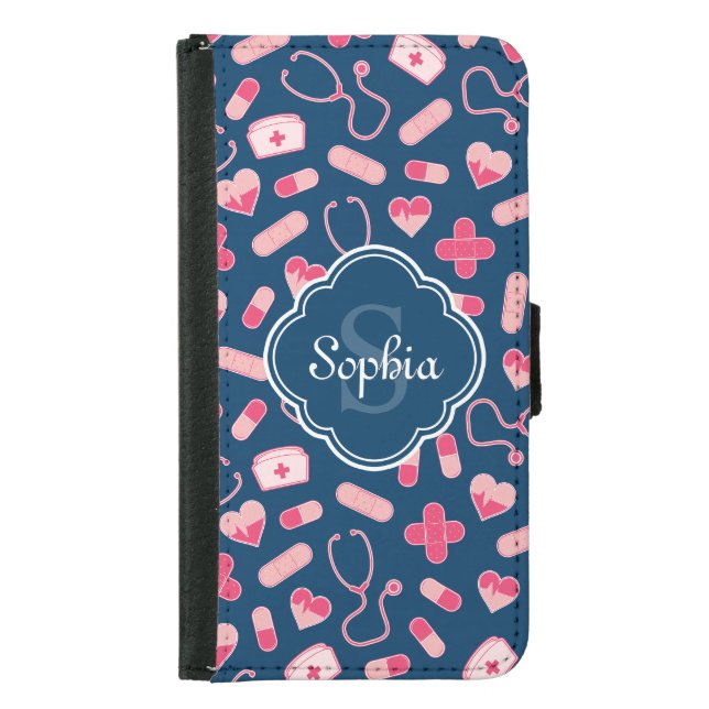 Pink and Blue Nurse Pattern with Monogram Samsung Galaxy Wallet Case (Front)