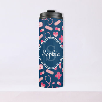 Pink And Blue Nurse Pattern With Monogram Thermal Tumbler by DoodlesGiftShop at Zazzle