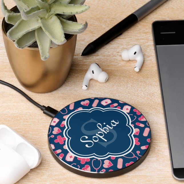 Pink and Blue Nurse Pattern with Monogram Wireless Charger (Desk 2)