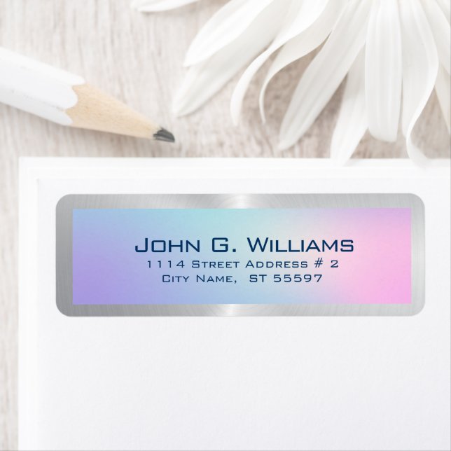 Pink and blue ombre background silver accent label (Insitu)