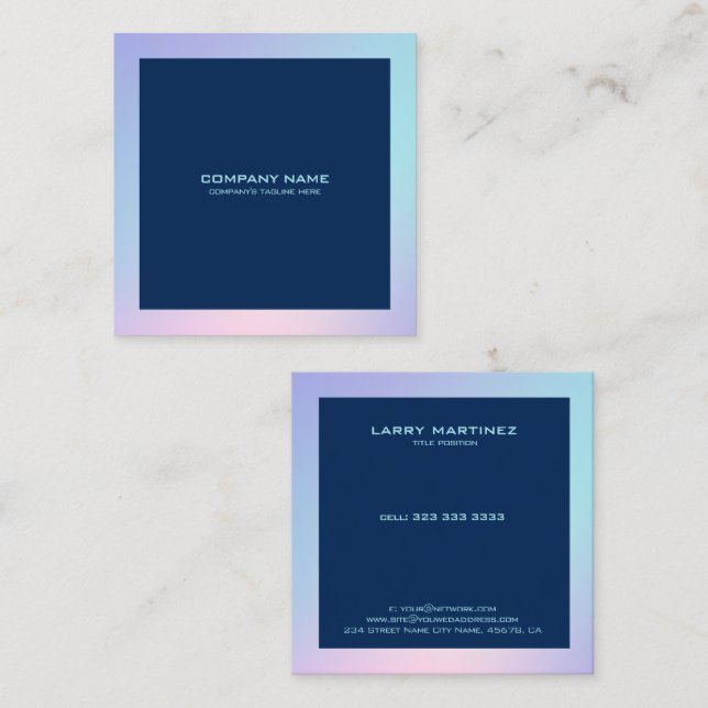 Pink and blue ombre border blue background square business card (Front/Back)