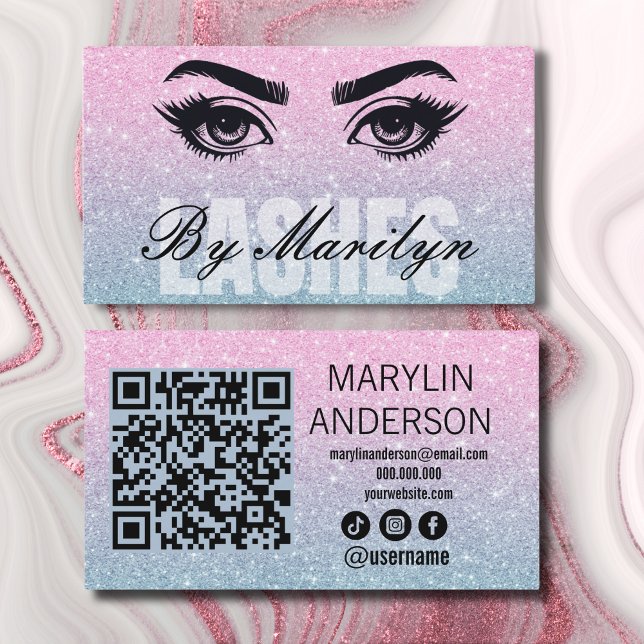 Pink and Blue Ombre Glitter Lash Scannable Business Card (Creator Uploaded)