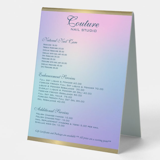 Pink and blue ombre gold accent table tent (Front)