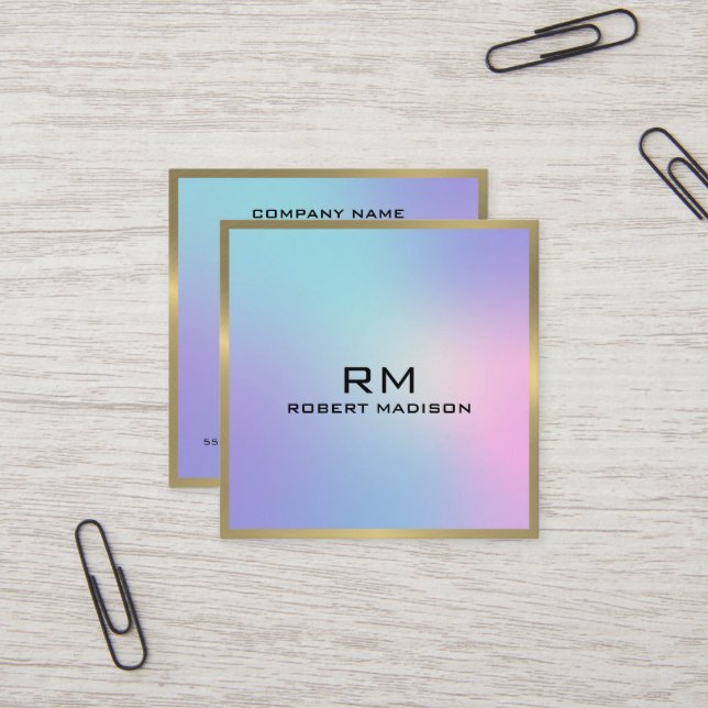 Pink and blue ombre metallic gold accent square business card (Front/Back In Situ)
