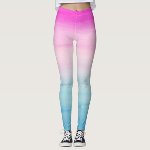 Pink and Blue Ombre Watercolor Leggings