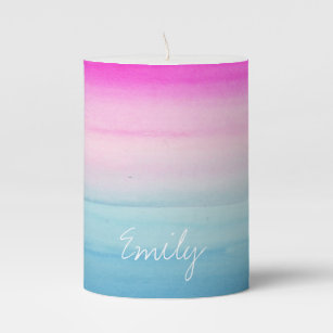 Pink and Blue Ombre Watercolor Personalized Pillar Candle