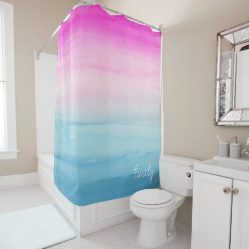 Pink and Blue Ombre Watercolor Personalized Shower Curtain