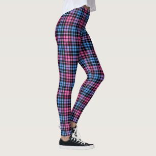 Pink and Blue On Black Plaid Tartan Pattern Leggings
