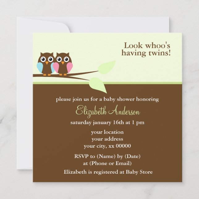 Pink and Blue Owls Baby Shower Invitation (Front)
