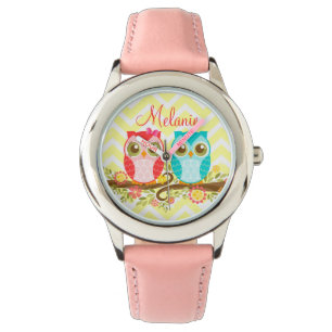 Pink and Blue Owls - Custom Wrist Watch