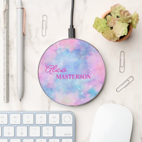 Pink and Blue Painted Galaxy Monogrammed  Wireless Charger